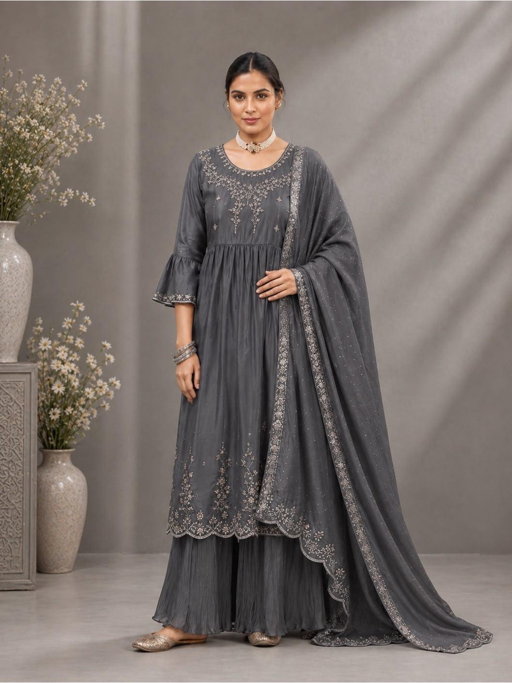 Grey Nyra cut Sharara Set
